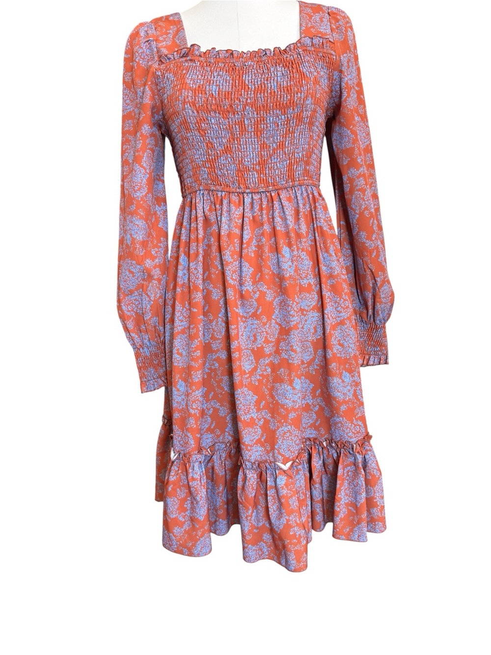 Floral Smocked Mini Dress Orange Purple Long Sleeve Medium Zexxy